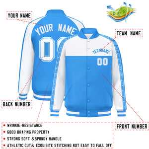 Custom White Powder Blue K-Ribbon Raglan Sleeves Varsity Full-Snap Color Block Letterman Jacket