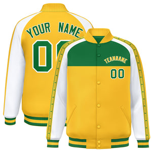 Custom Teal Gold K-Ribbon Raglan Sleeves Varsity Full-Snap Color Block Letterman Jacket