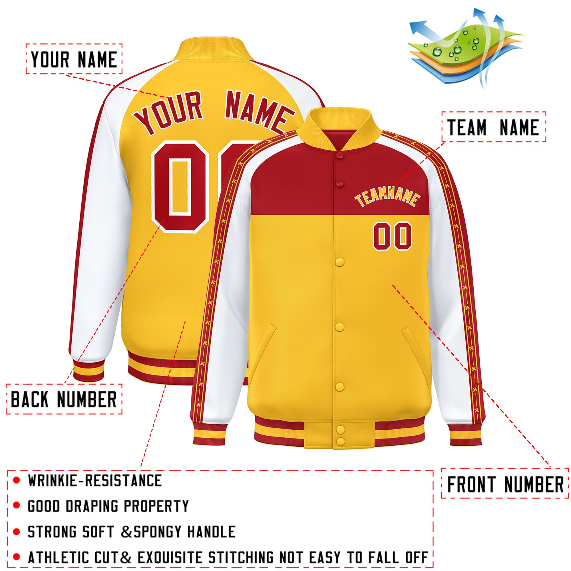 Custom Red Gold K-Ribbon Raglan Sleeves Varsity Full-Snap Color Block Letterman Jacket