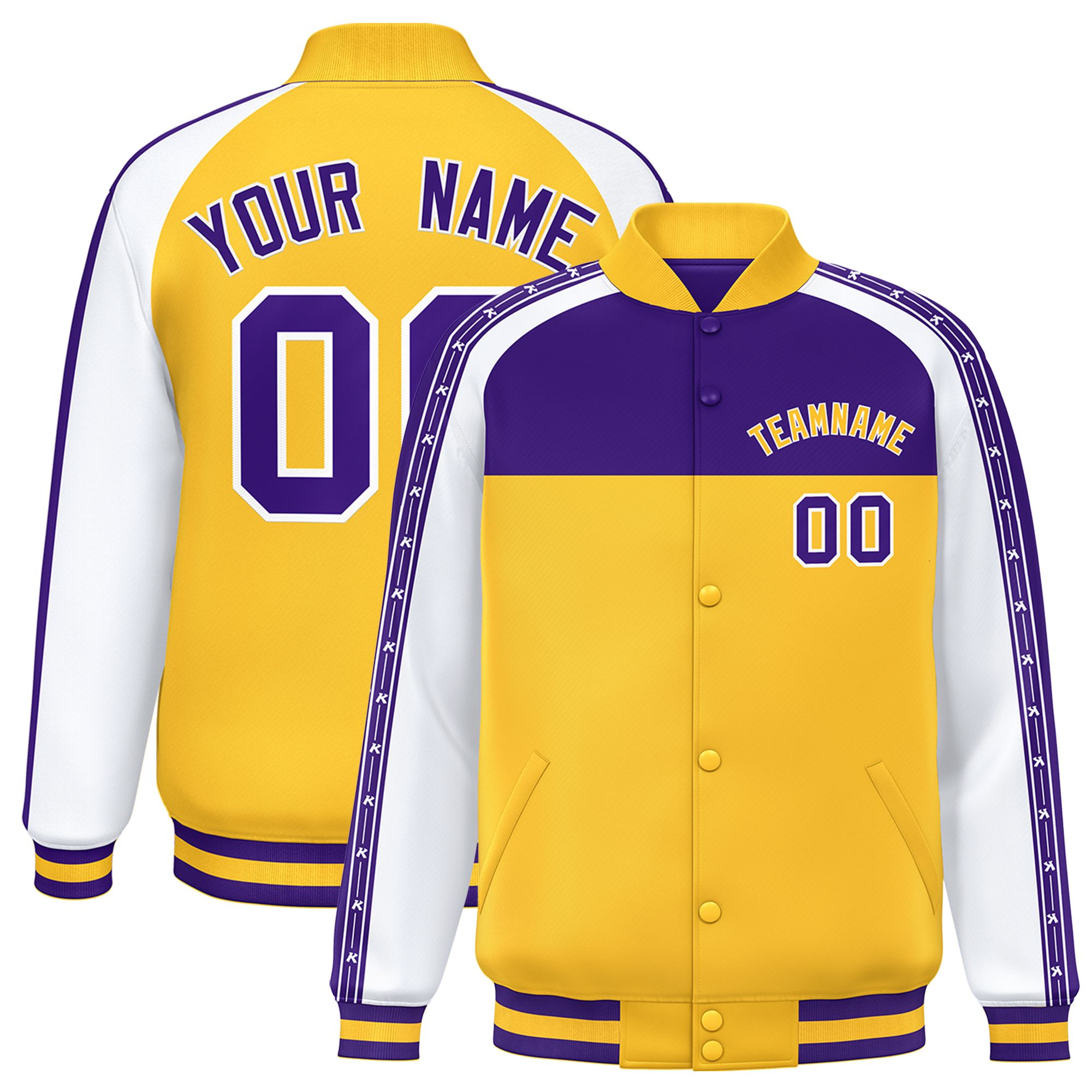 Custom Purple Gold K-Ribbon Raglan Sleeves Varsity Full-Snap Color Block Letterman Jacket