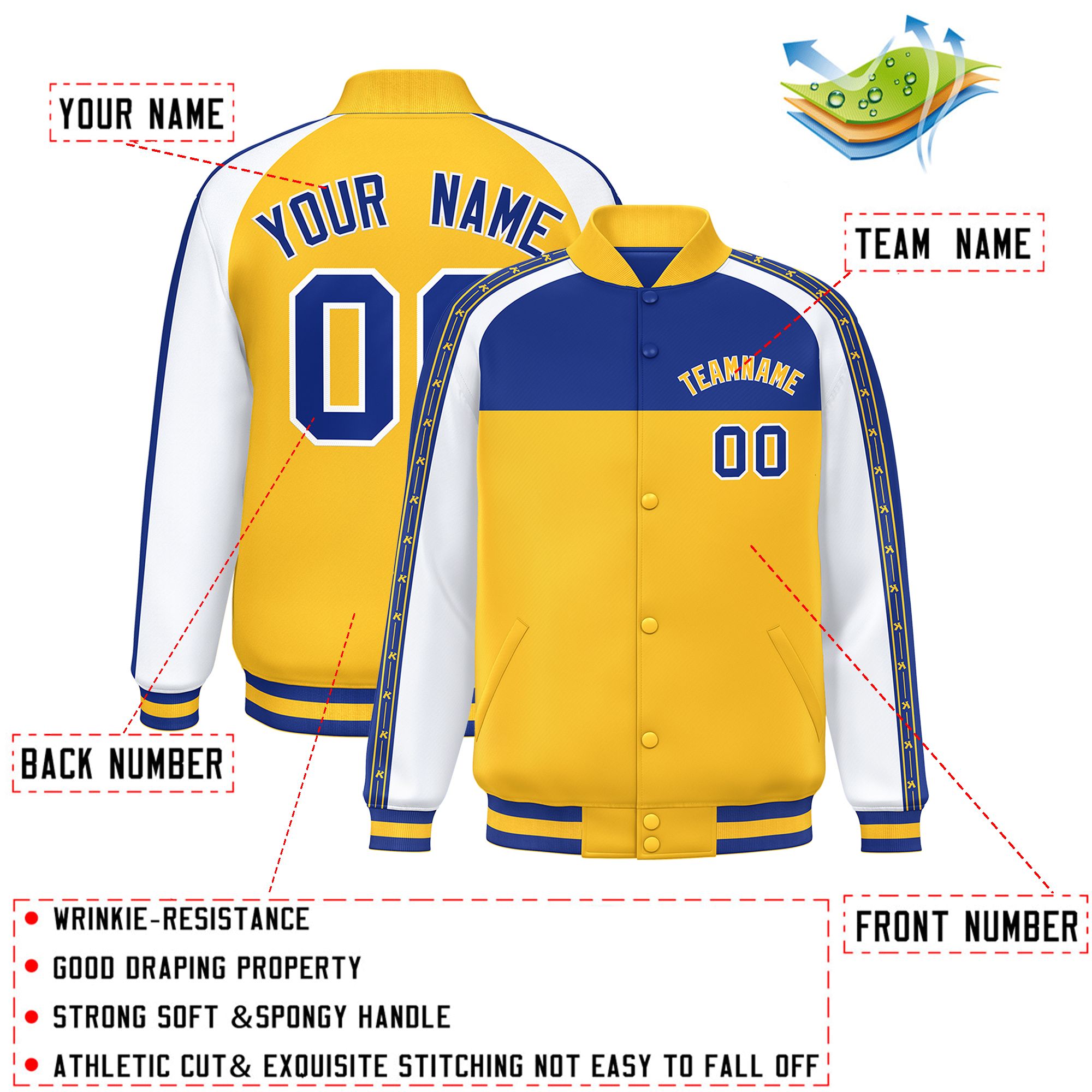 Custom Royal Gold K-Ribbon Raglan Sleeves Varsity Full-Snap Color Block Letterman Jacket