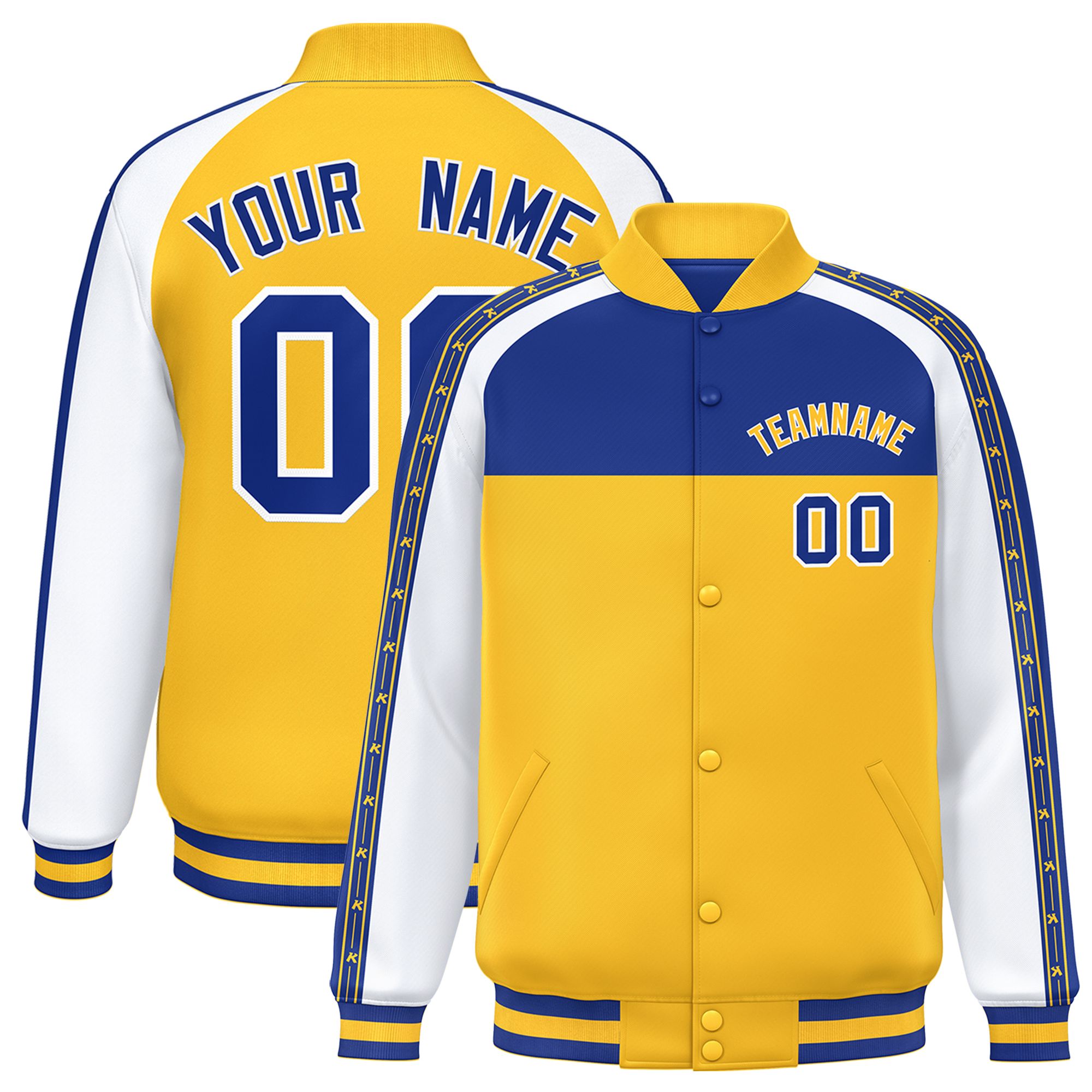 Custom Royal Gold K-Ribbon Raglan Sleeves Varsity Full-Snap Color Block Letterman Jacket