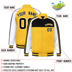 Custom Black Gold K-Ribbon Raglan Sleeves Varsity Full-Snap Color Block Letterman Jacket