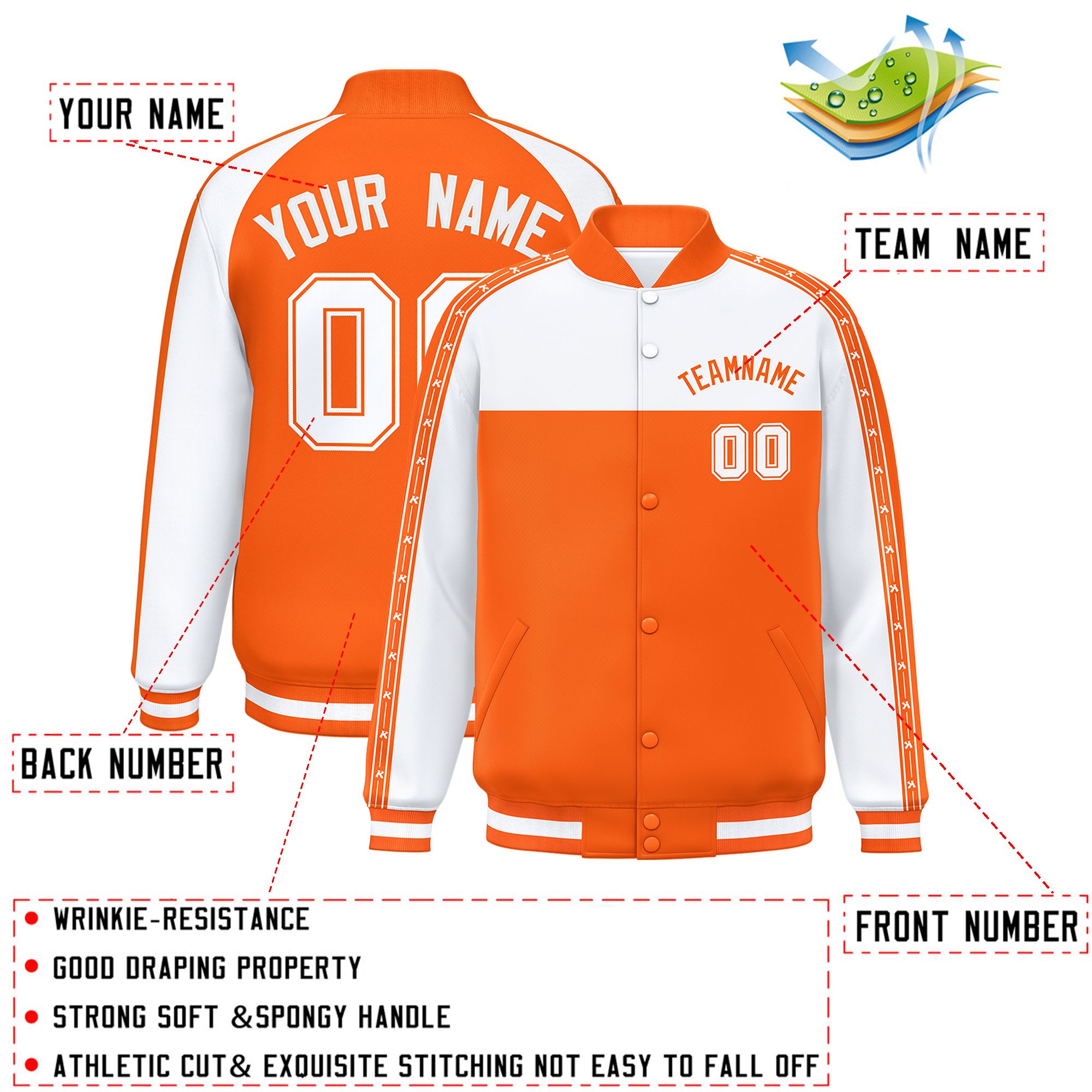 Custom White Orange K-Ribbon Raglan Sleeves Varsity Full-Snap Color Block Letterman Jacket