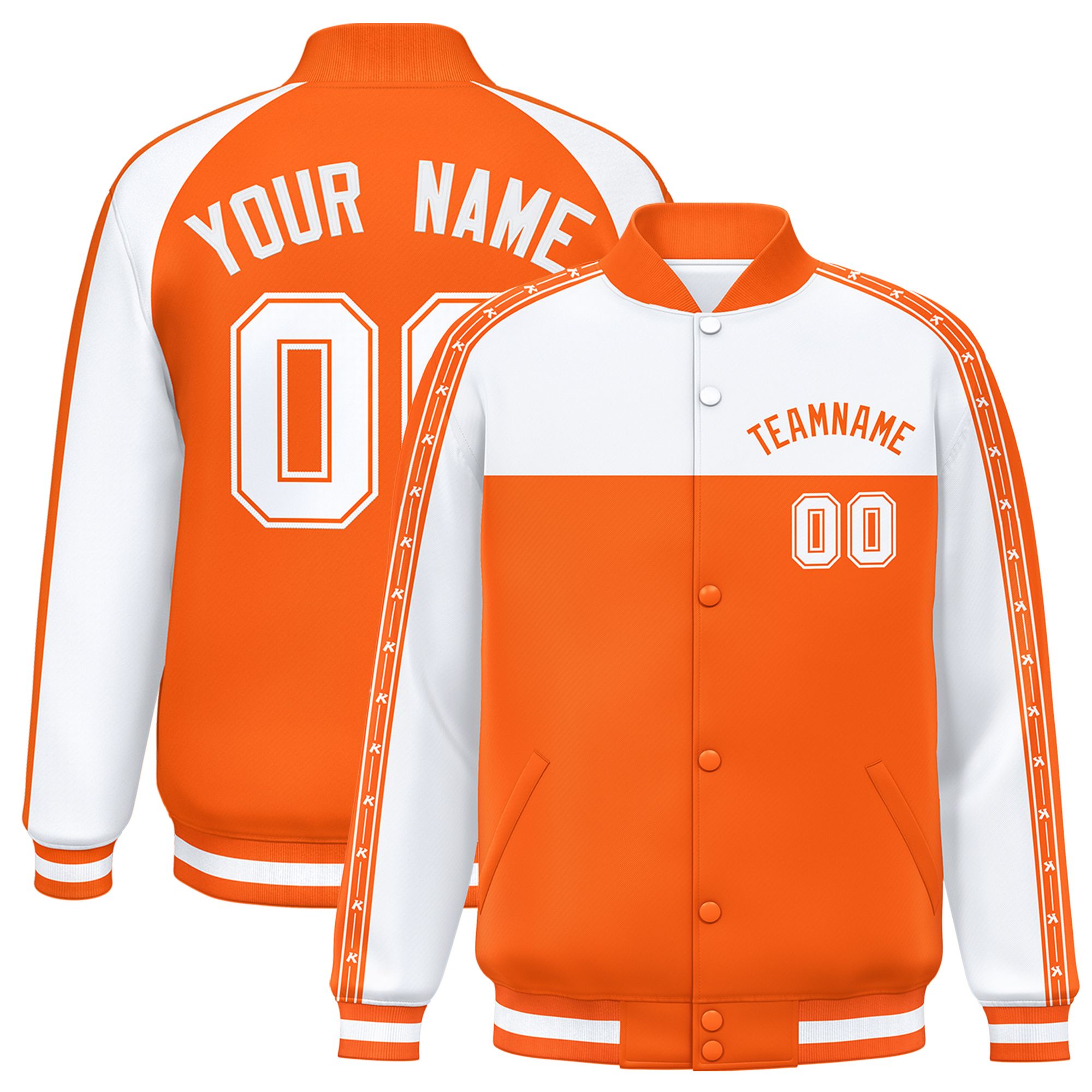 Custom White Orange K-Ribbon Raglan Sleeves Varsity Full-Snap Color Block Letterman Jacket