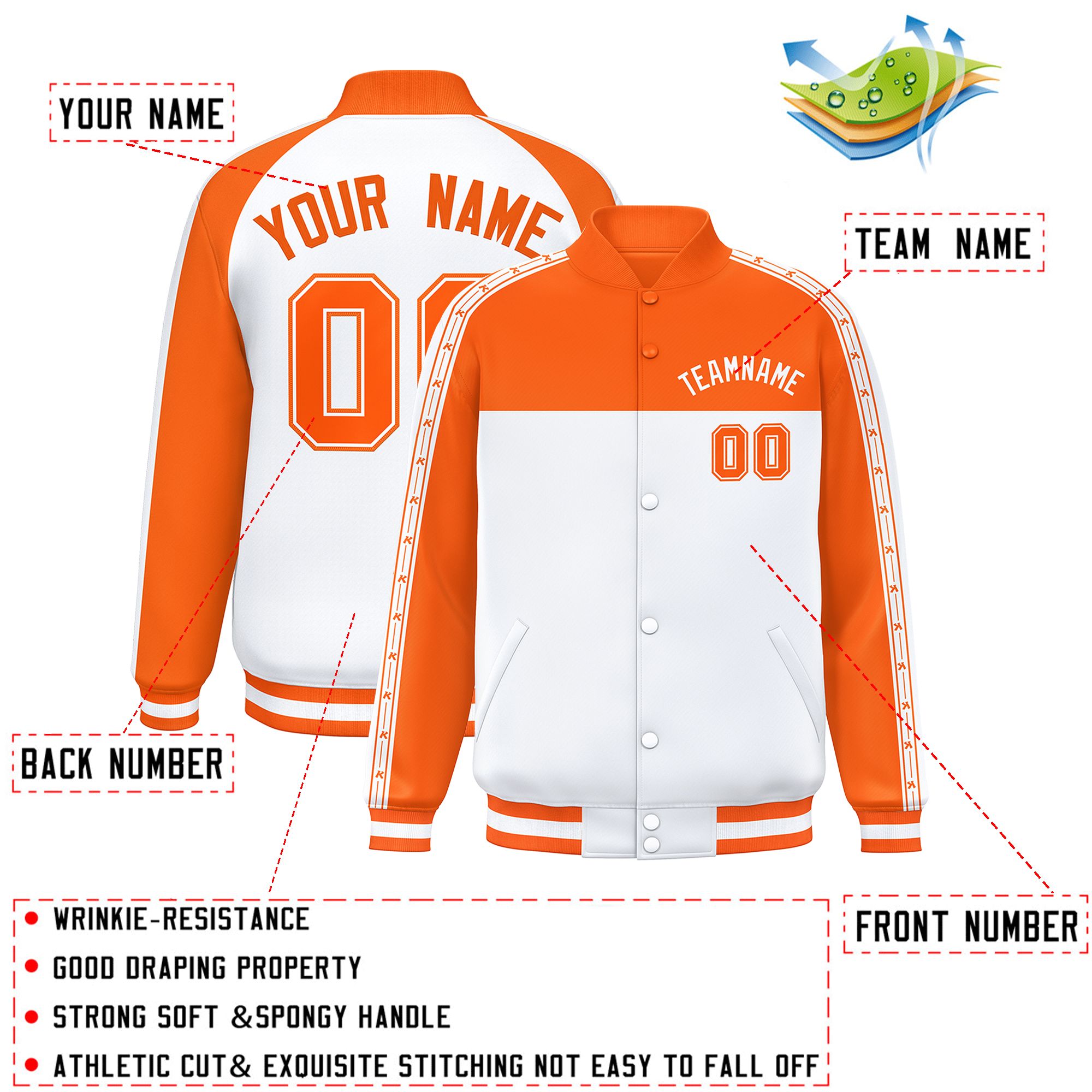 Custom Orange White K-Ribbon Raglan Sleeves Varsity Full-Snap Color Block Letterman Jacket