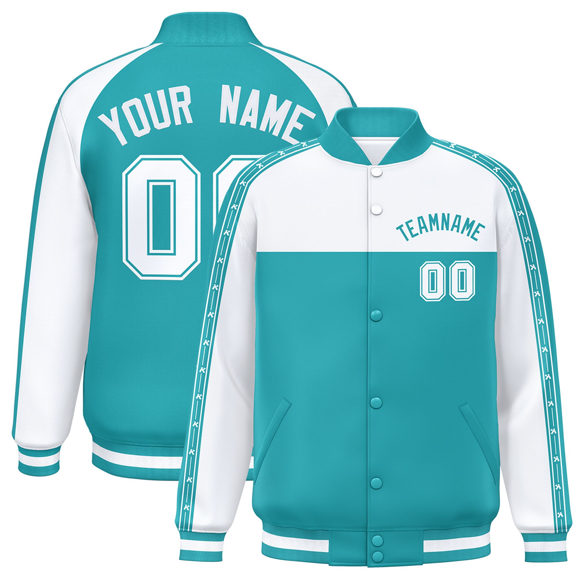 Custom White Aqua K-Ribbon Raglan Sleeves Varsity Full-Snap Color Block Letterman Jacket