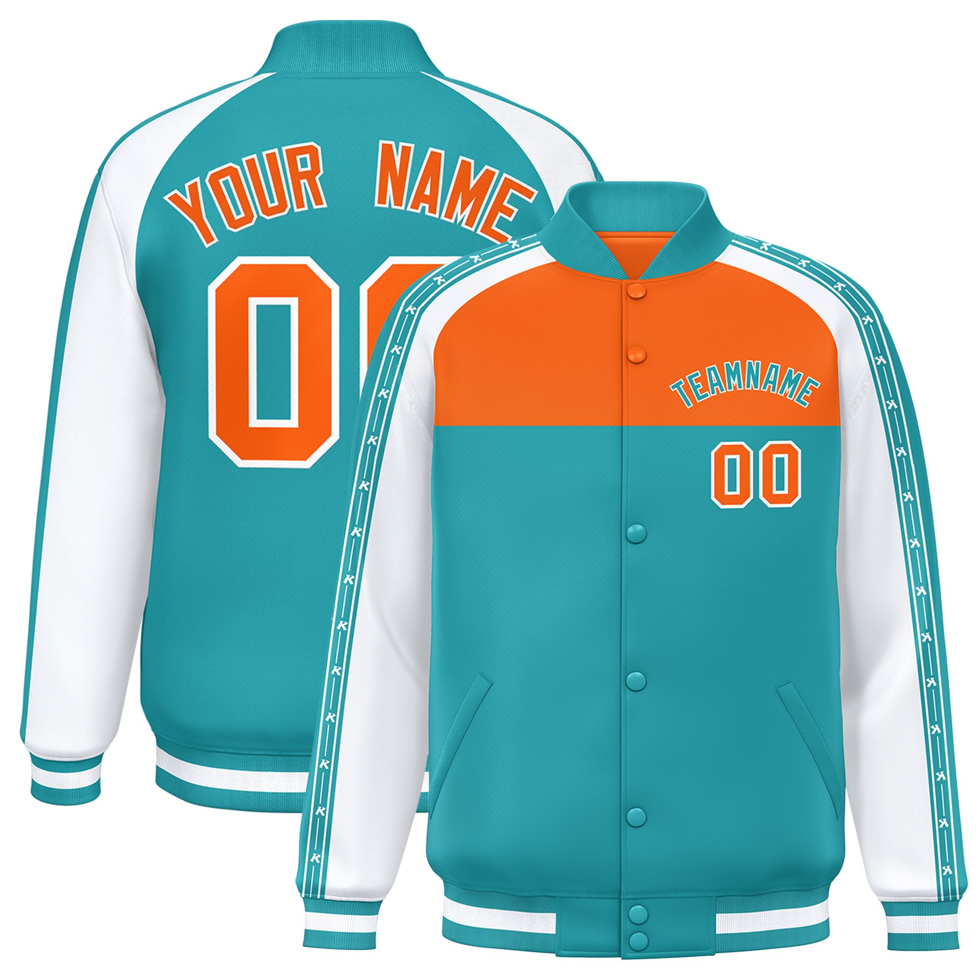 Custom Orange Aqua K-Ribbon Raglan Sleeves Varsity Full-Snap Color Block Letterman Jacket