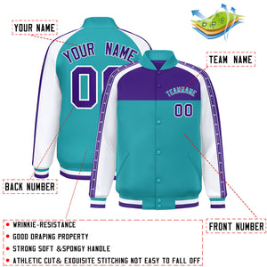 Custom Purple Aqua K-Ribbon Raglan Sleeves Varsity Full-Snap Color Block Letterman Jacket