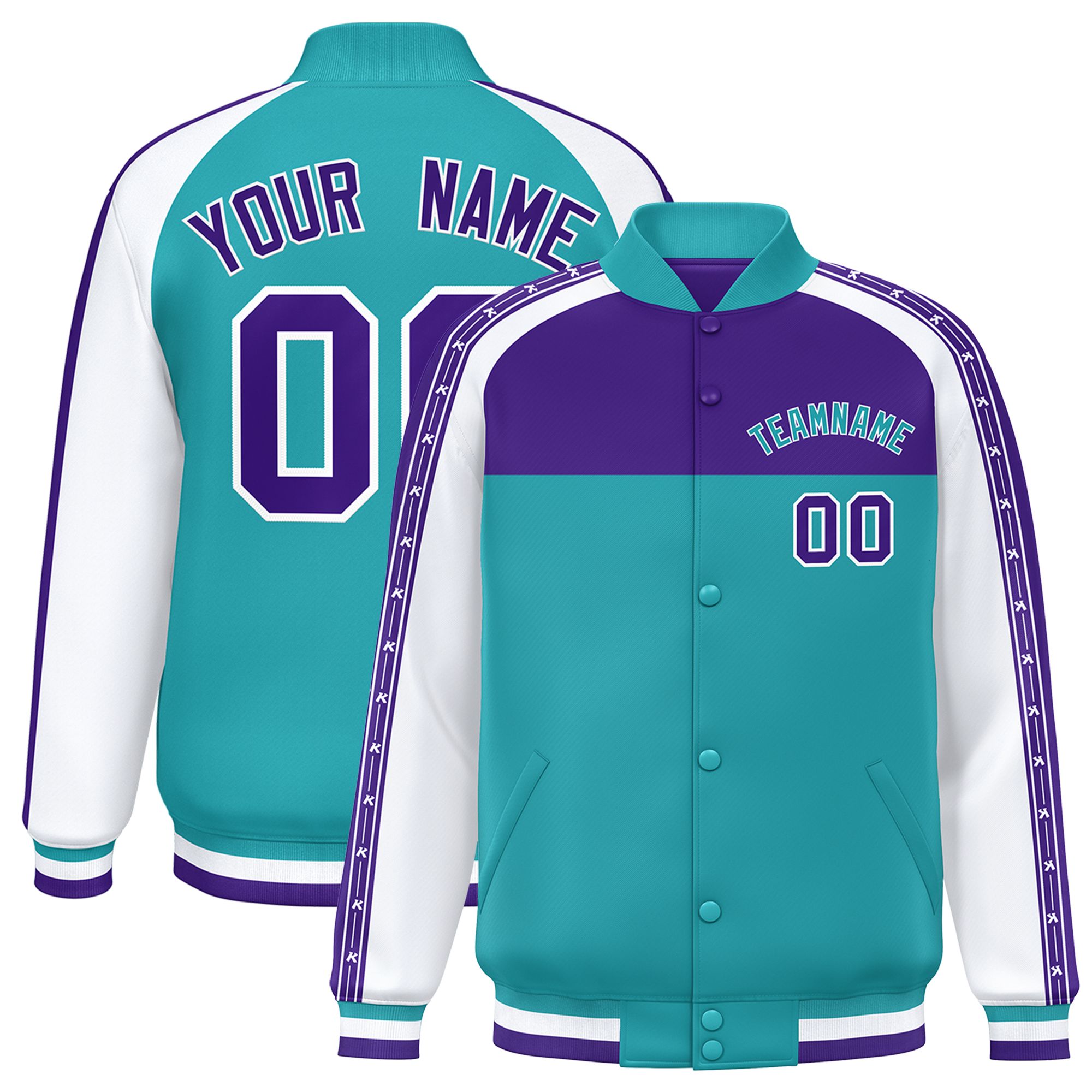 Custom Purple Aqua K-Ribbon Raglan Sleeves Varsity Full-Snap Color Block Letterman Jacket