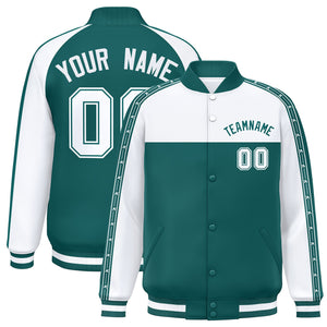 Custom White Aqua K-Ribbon Raglan Sleeves Varsity Full-Snap Color Block Letterman Jacket