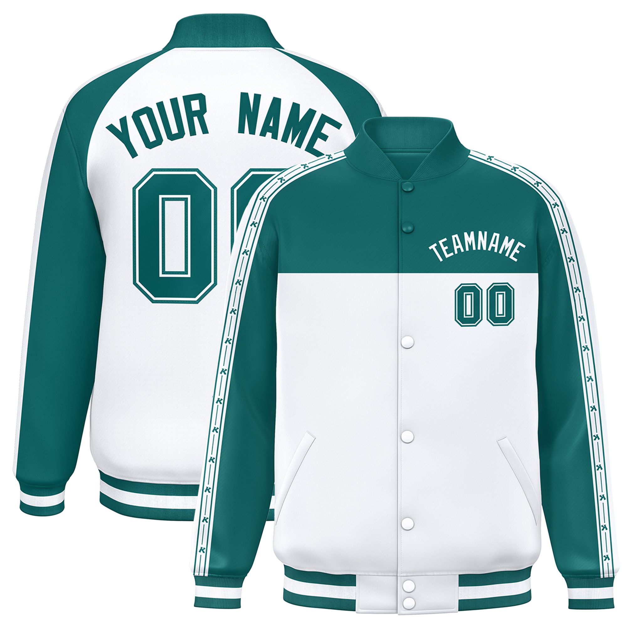 Custom Aqua White K-Ribbon Raglan Sleeves Varsity Full-Snap Color Block Letterman Jacket