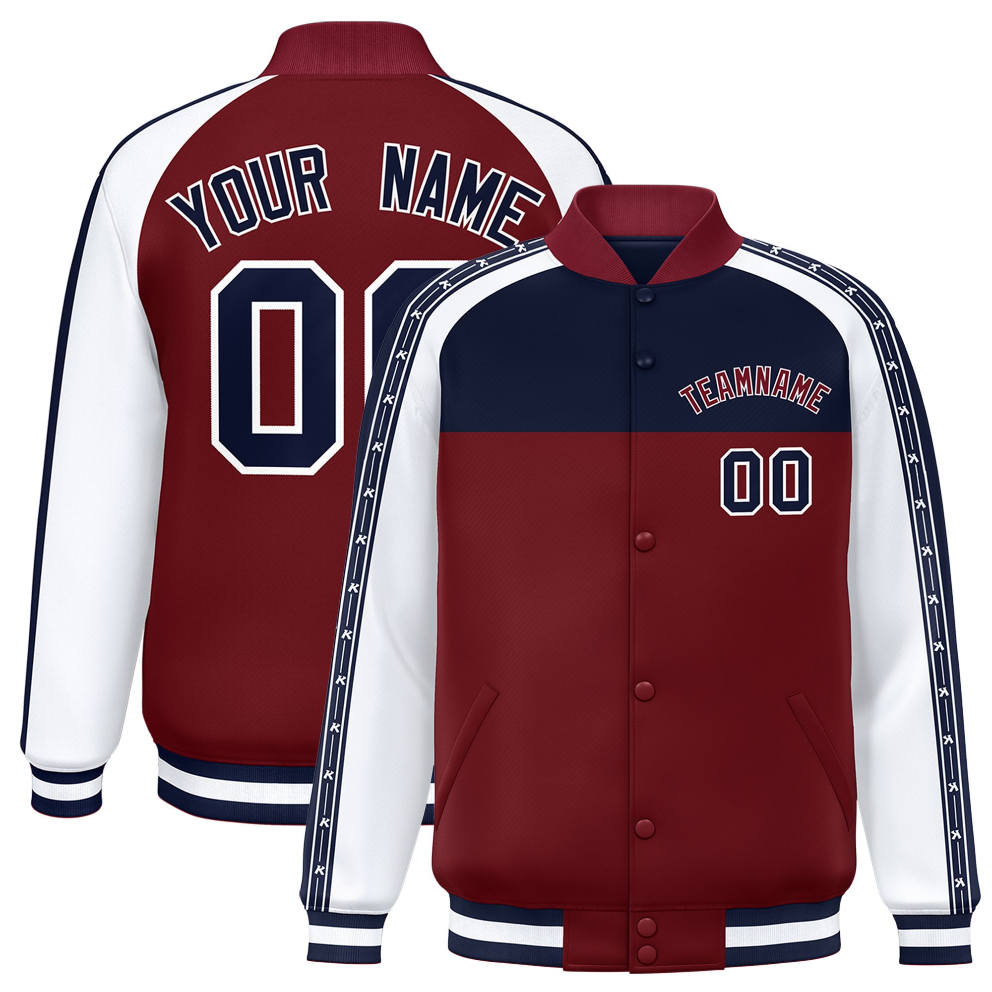 Custom Navy Crimson K-Ribbon Raglan Sleeves Varsity Full-Snap Color Block Letterman Jacket