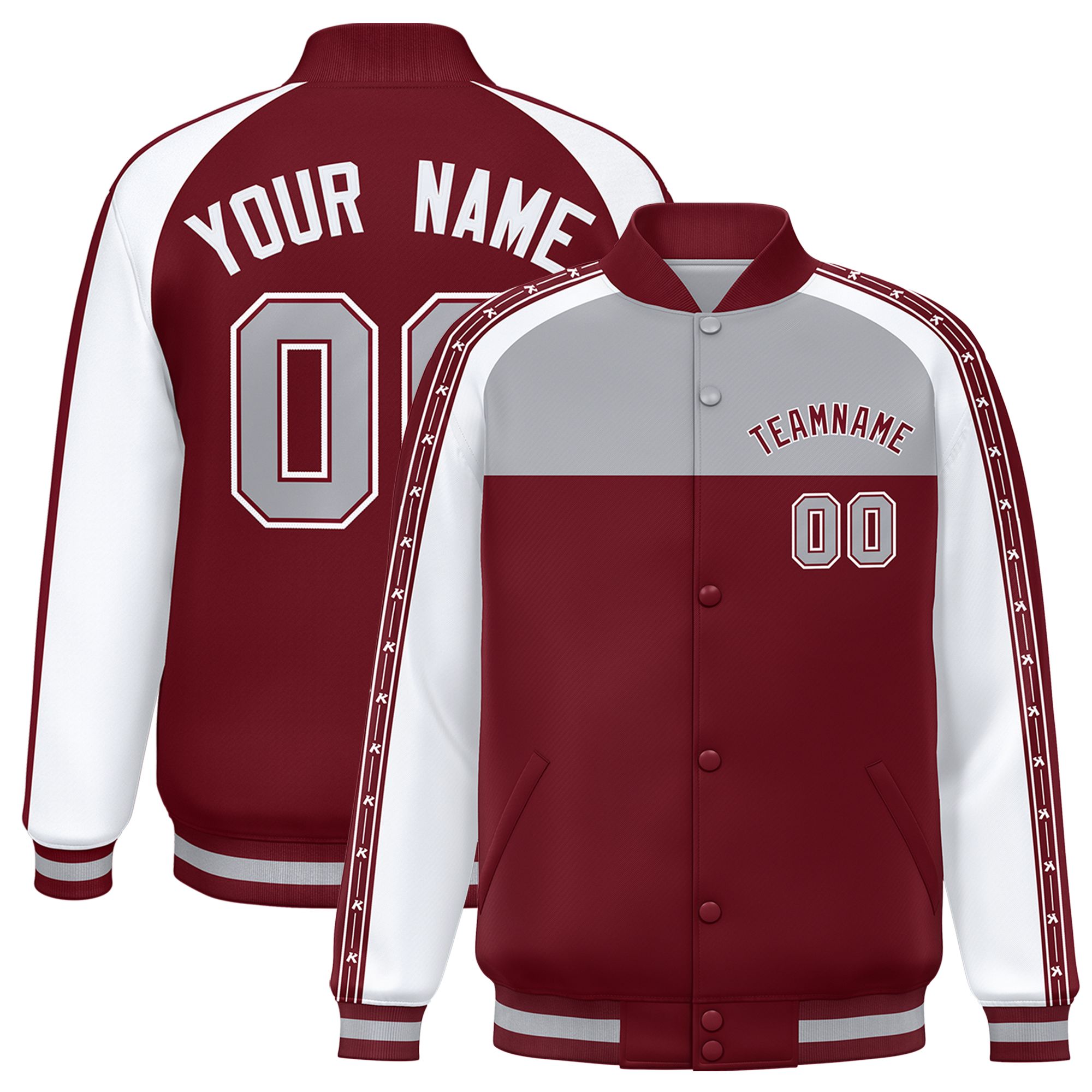 Custom Gray Crimson K-Ribbon Raglan Sleeves Varsity Full-Snap Color Block Letterman Jacket