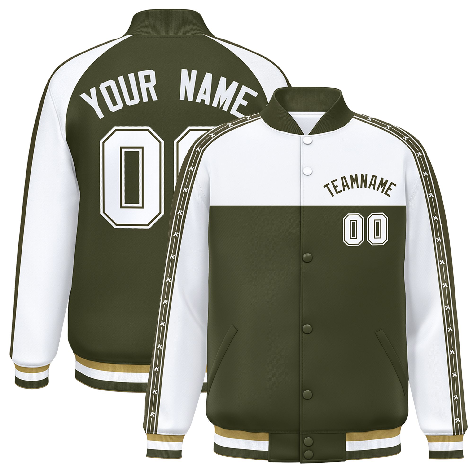 Custom White Olive K-Ribbon Raglan Sleeves Varsity Full-Snap Color Block Letterman Jacket