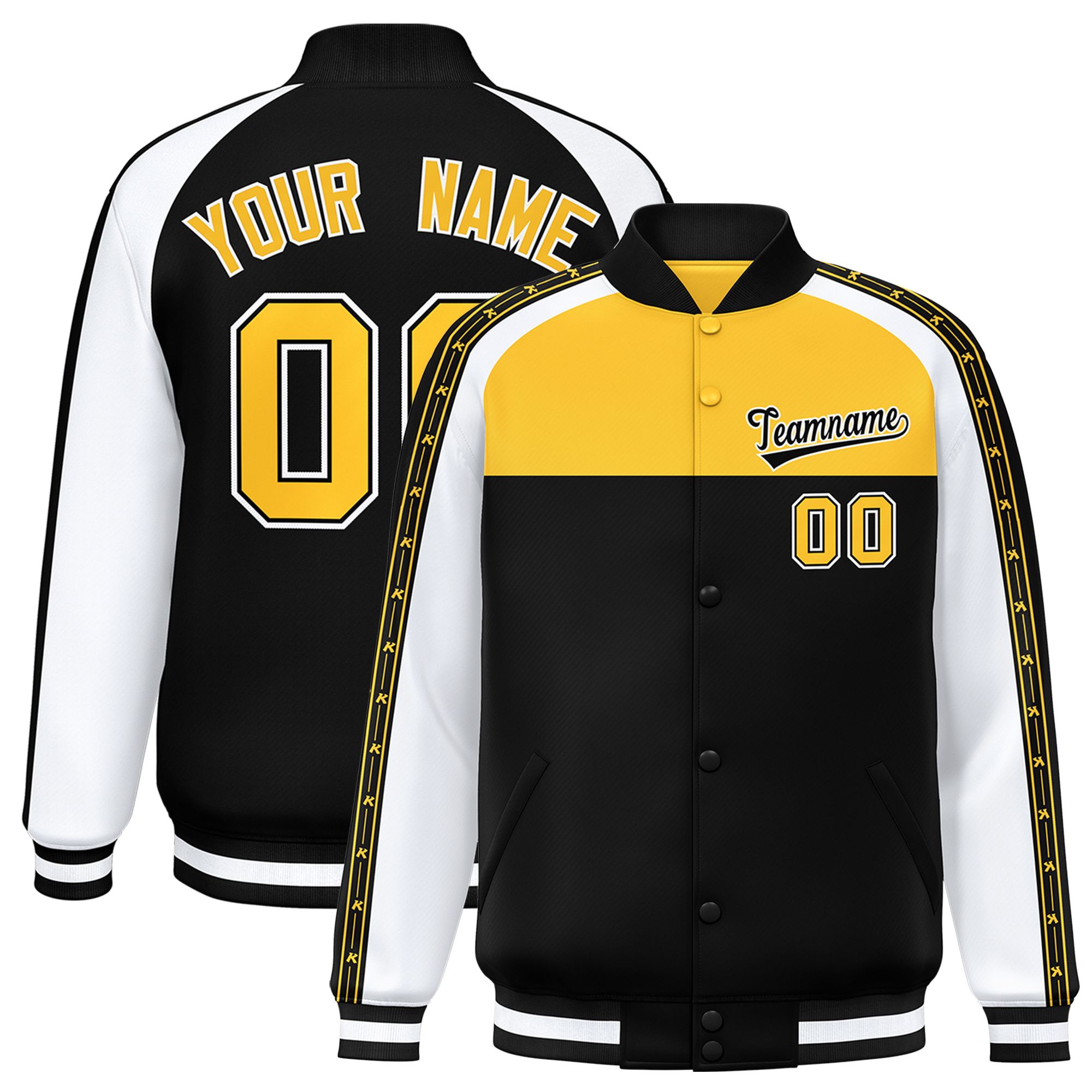 Custom Gold Black K-Ribbon Raglan Sleeves Varsity Full-Snap Color Block Letterman Jacket