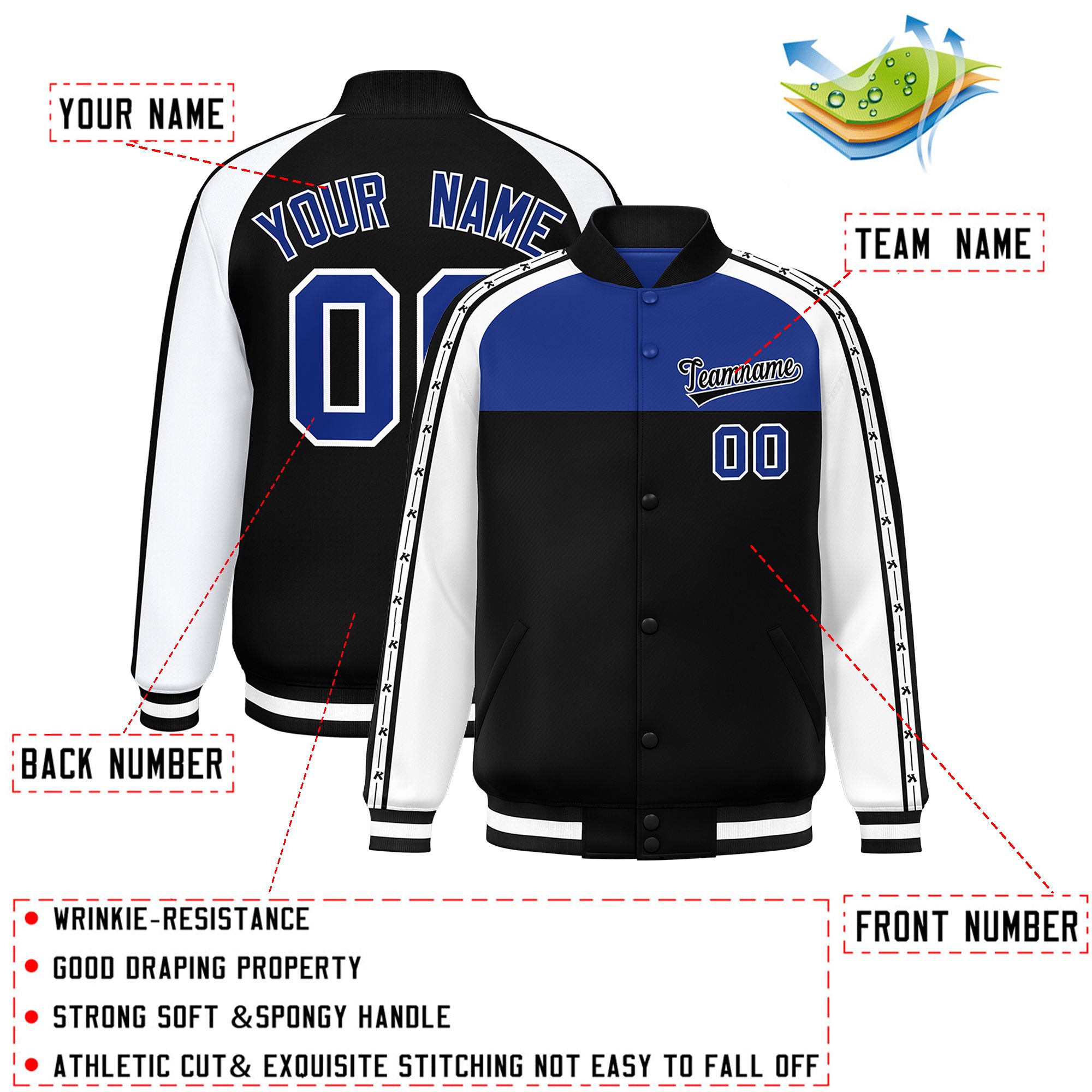 Custom Royal Black K-Ribbon Raglan Sleeves Varsity Full-Snap Color Block Letterman Jacket