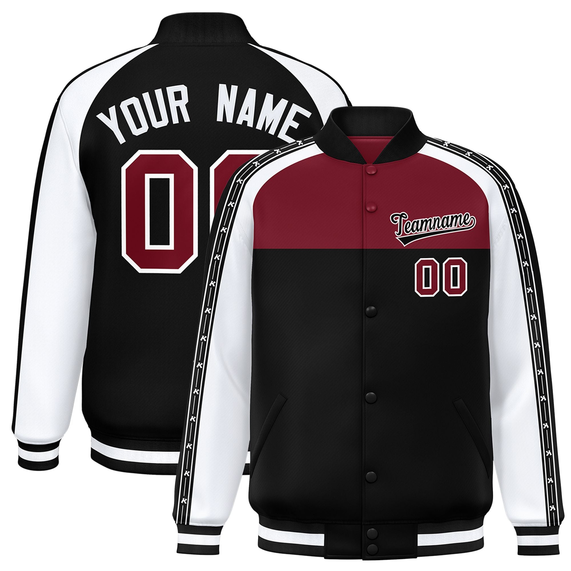 Custom Crimson Black K-Ribbon Raglan Sleeves Varsity Full-Snap Color Block Letterman Jacket