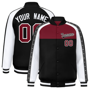 Custom Crimson Black K-Ribbon Raglan Sleeves Varsity Full-Snap Color Block Letterman Jacket