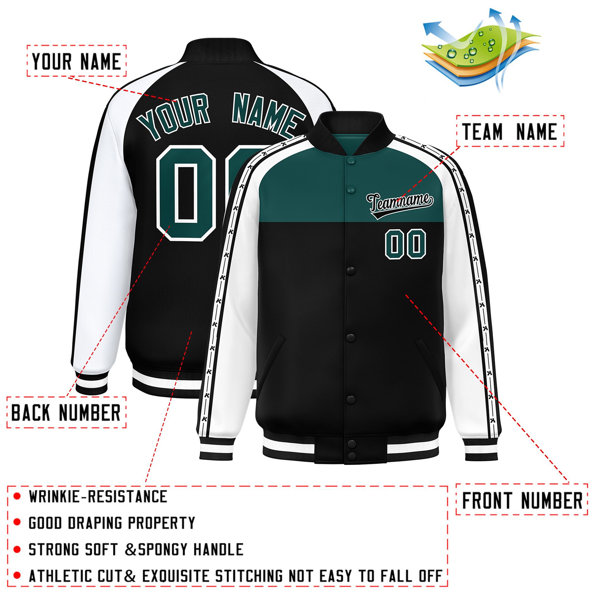 Custom Midnight Green Black K-Ribbon Raglan Sleeves Varsity Full-Snap Color Block Letterman Jacket