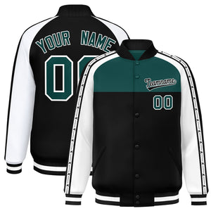 Custom Midnight Green Black K-Ribbon Raglan Sleeves Varsity Full-Snap Color Block Letterman Jacket