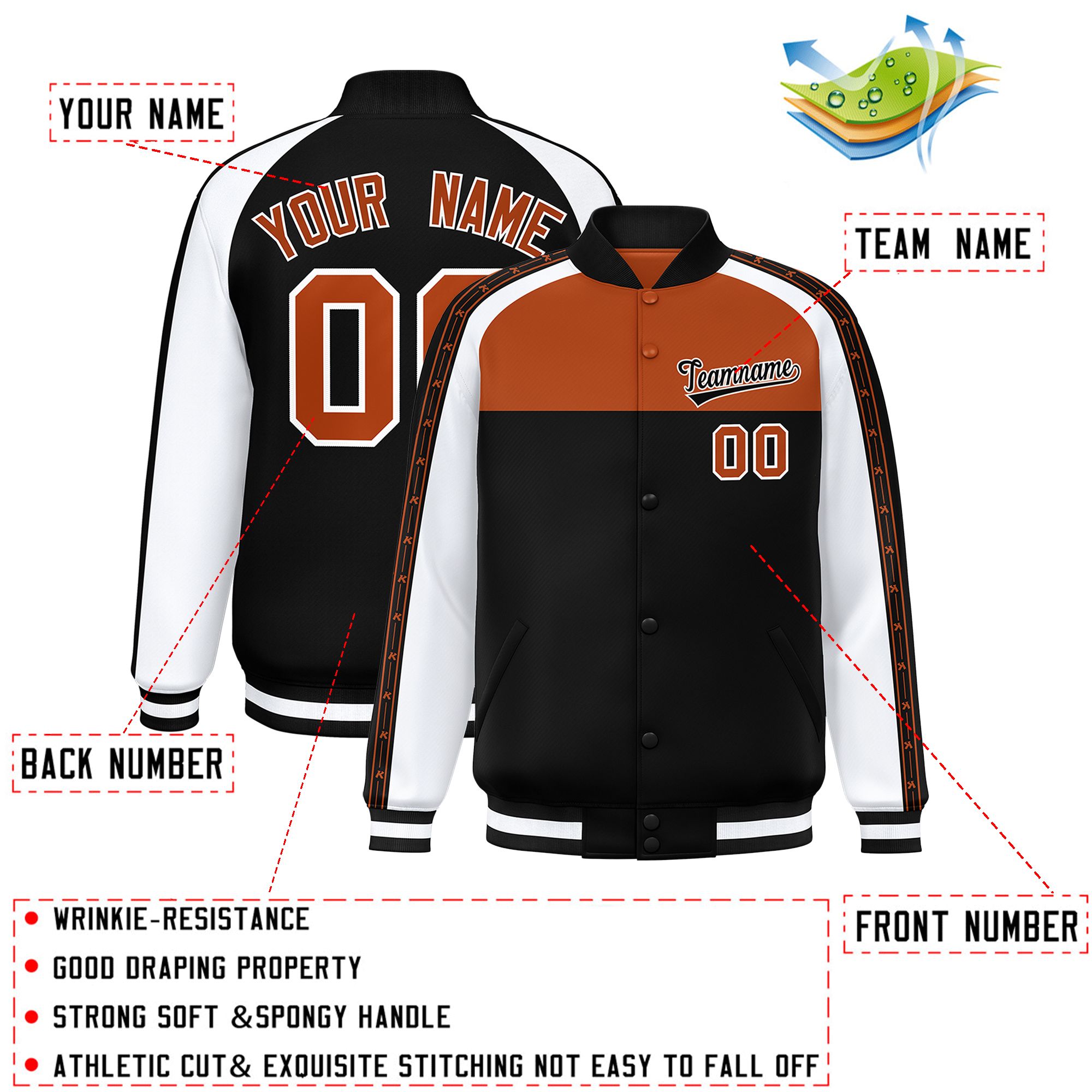 Custom Texas Orange Black K-Ribbon Raglan Sleeves Varsity Full-Snap Color Block Letterman Jacket