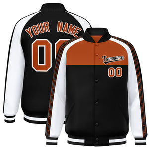 Custom Texas Orange Black K-Ribbon Raglan Sleeves Varsity Full-Snap Color Block Letterman Jacket