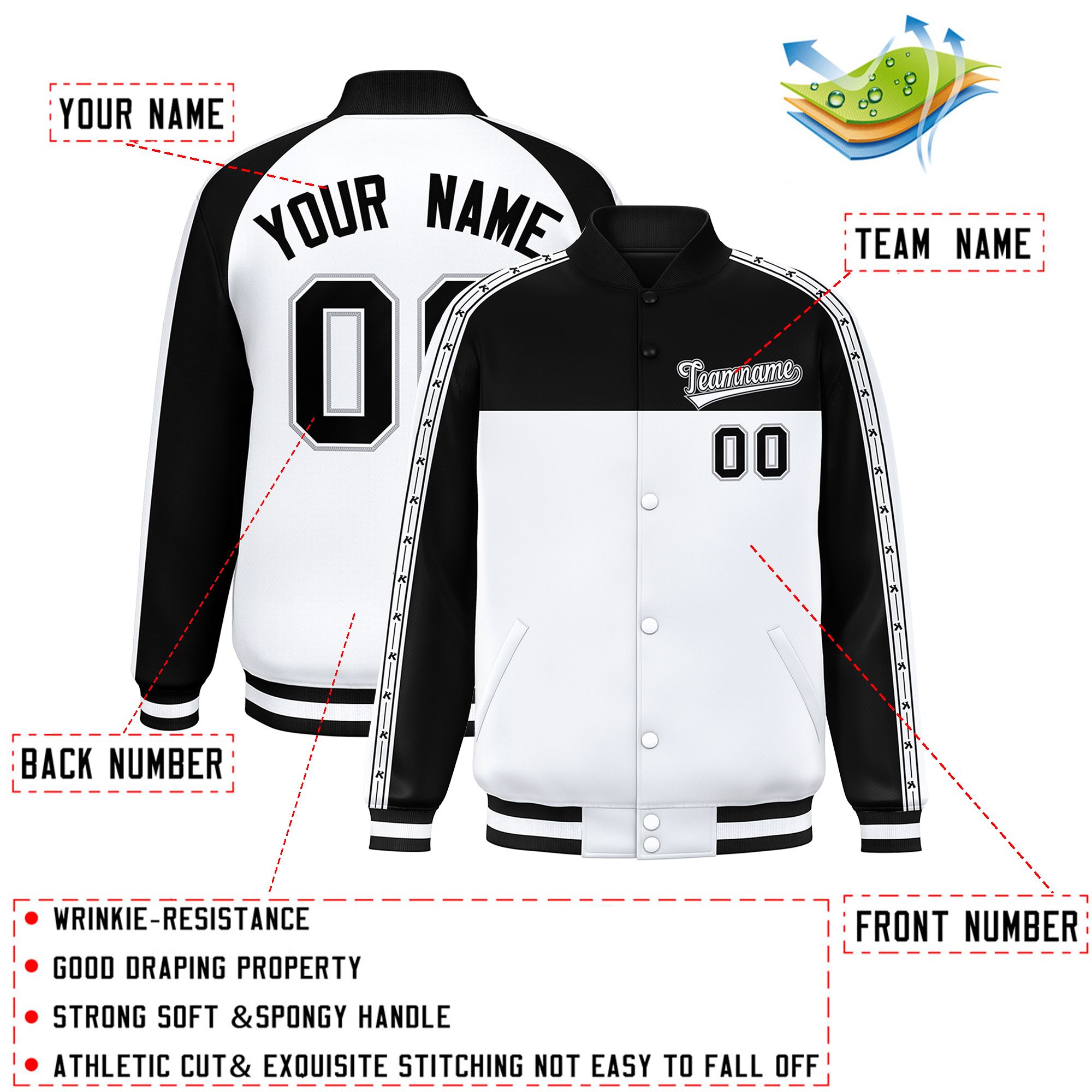 Custom Black White K-Ribbon Raglan Sleeves Varsity Full-Snap Color Block Letterman Jacket