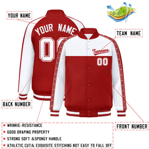 Custom White Red K-Ribbon Raglan Sleeves Varsity Full-Snap Color Block Letterman Jacket