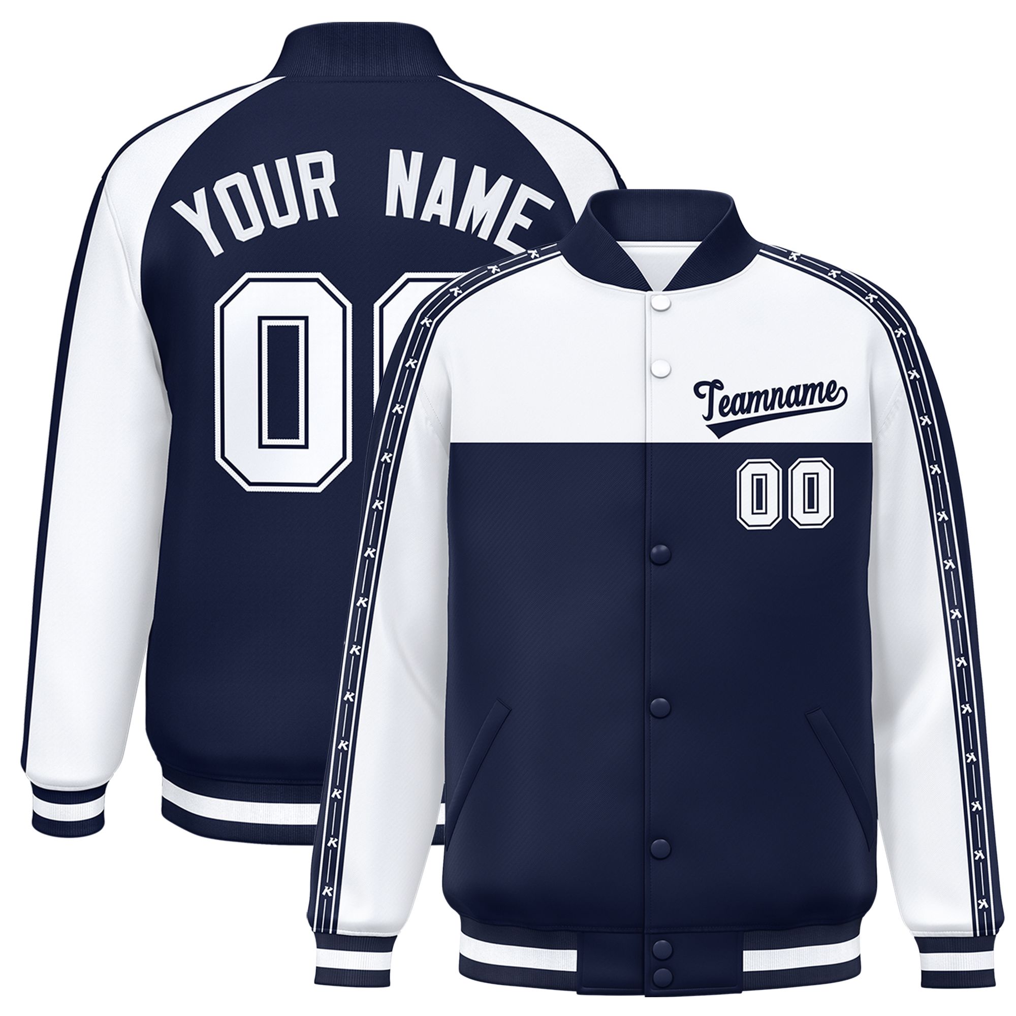 Custom White Navy K-Ribbon Raglan Sleeves Varsity Full-Snap Color Block Letterman Jacket