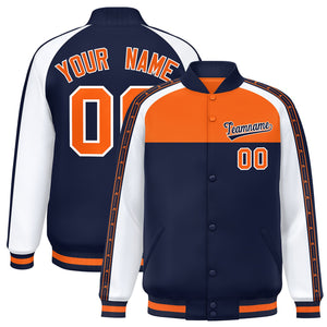 Custom Orange Navy K-Ribbon Raglan Sleeves Varsity Full-Snap Color Block Letterman Jacket