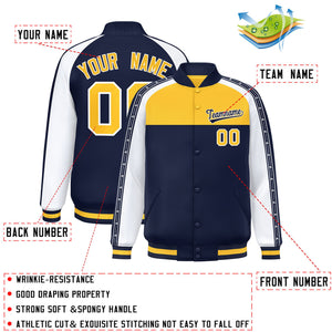 Custom Gold Navy K-Ribbon Raglan Sleeves Varsity Full-Snap Color Block Letterman Jacket