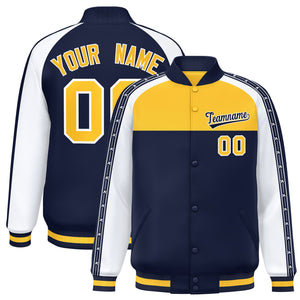 Custom Gold Navy K-Ribbon Raglan Sleeves Varsity Full-Snap Color Block Letterman Jacket