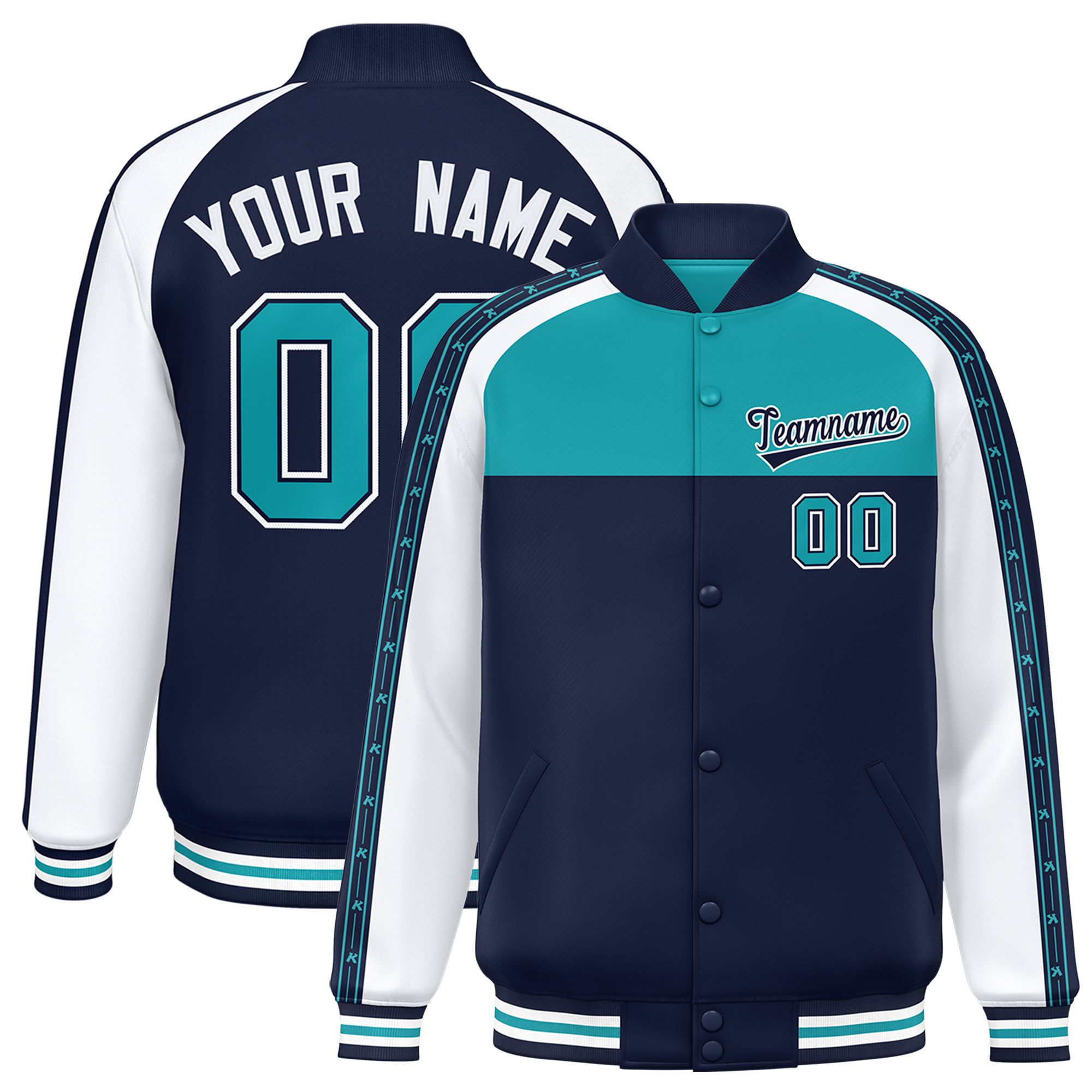 Custom Aqua Navy K-Ribbon Raglan Sleeves Varsity Full-Snap Color Block Letterman Jacket