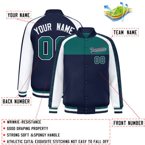 Custom Aqua Navy K-Ribbon Raglan Sleeves Varsity Full-Snap Color Block Letterman Jacket