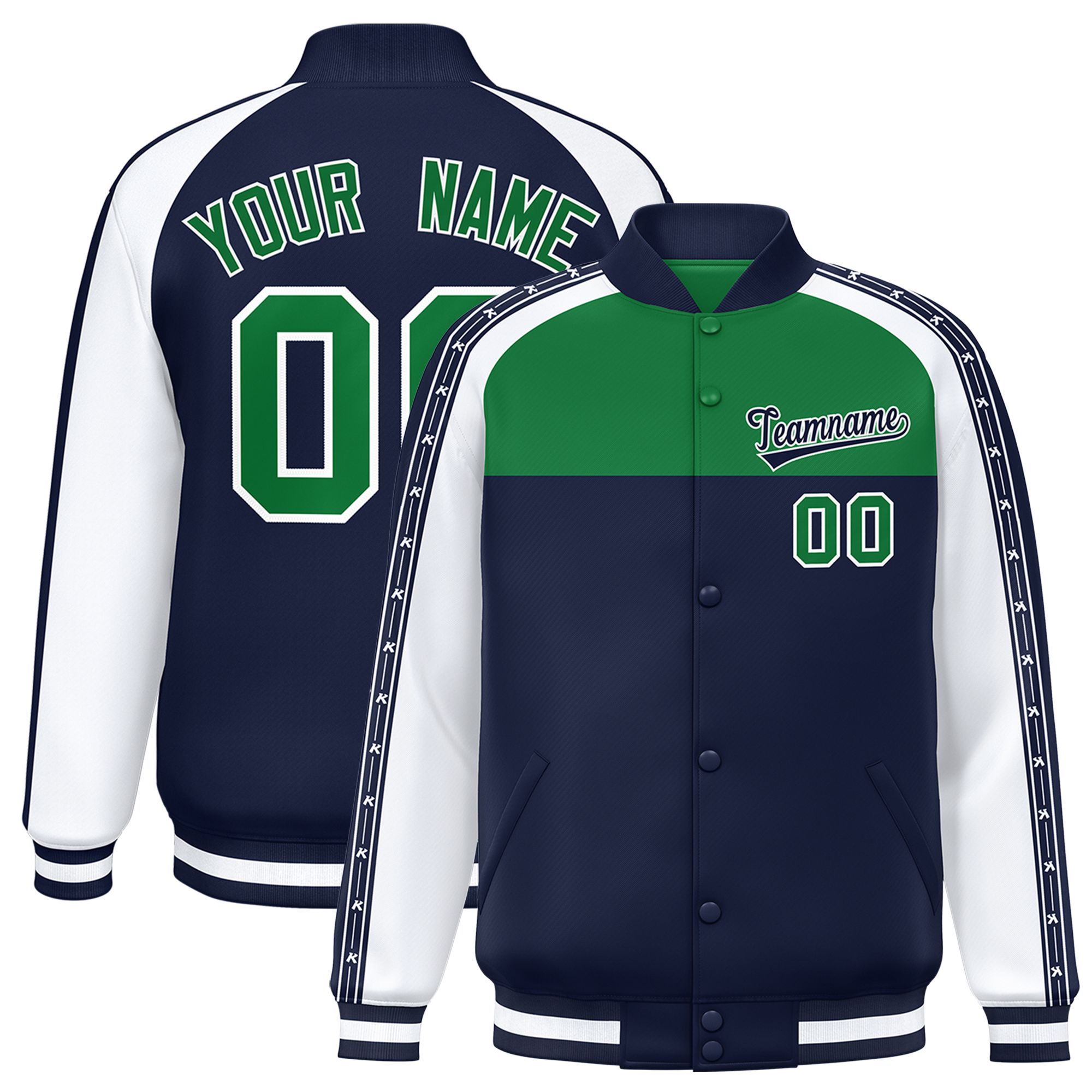 Custom Teal Navy K-Ribbon Raglan Sleeves Varsity Full-Snap Color Block Letterman Jacket