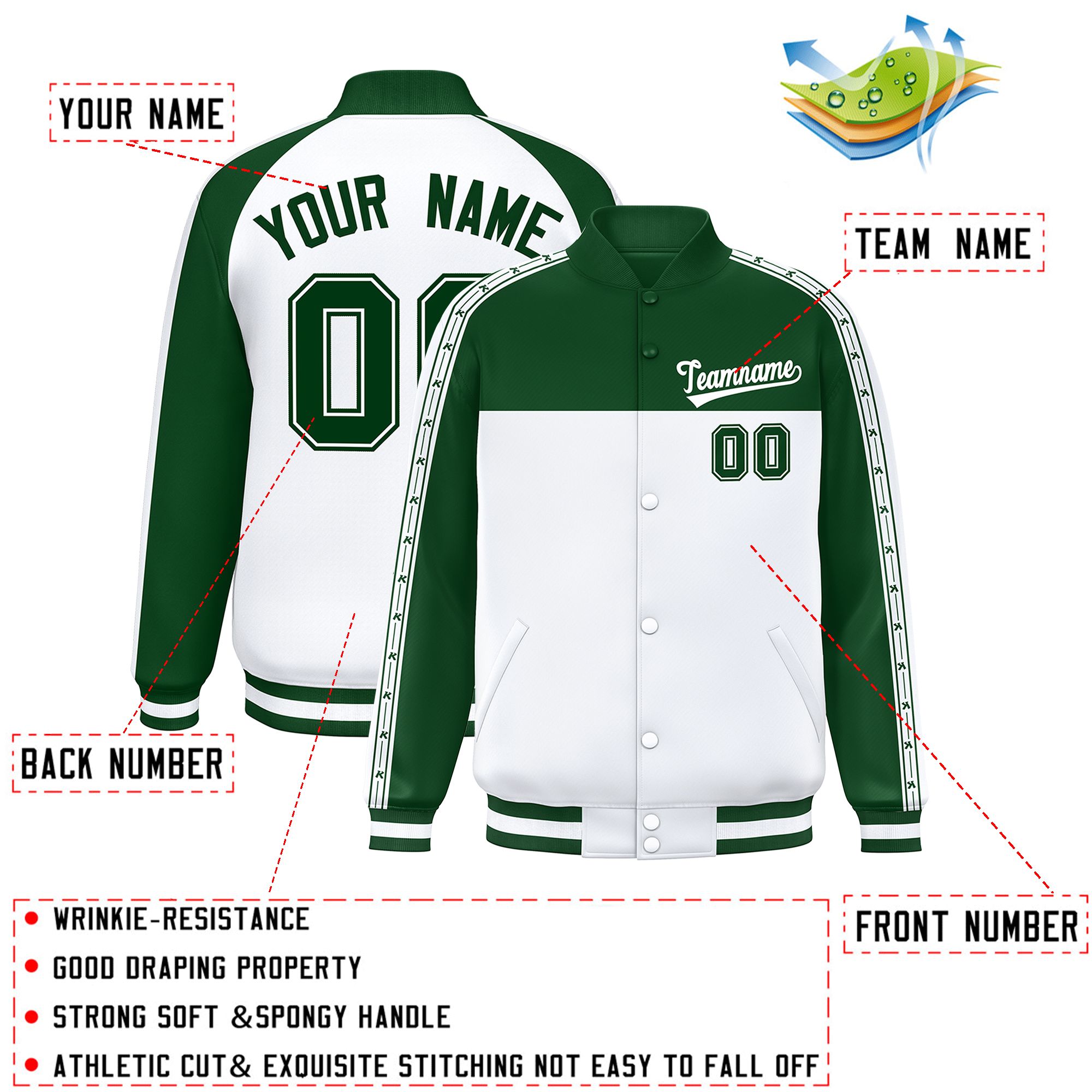 Custom Green White K-Ribbon Raglan Sleeves Varsity Full-Snap Color Block Letterman Jacket