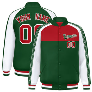 Custom Red Green K-Ribbon Raglan Sleeves Varsity Full-Snap Color Block Letterman Jacket