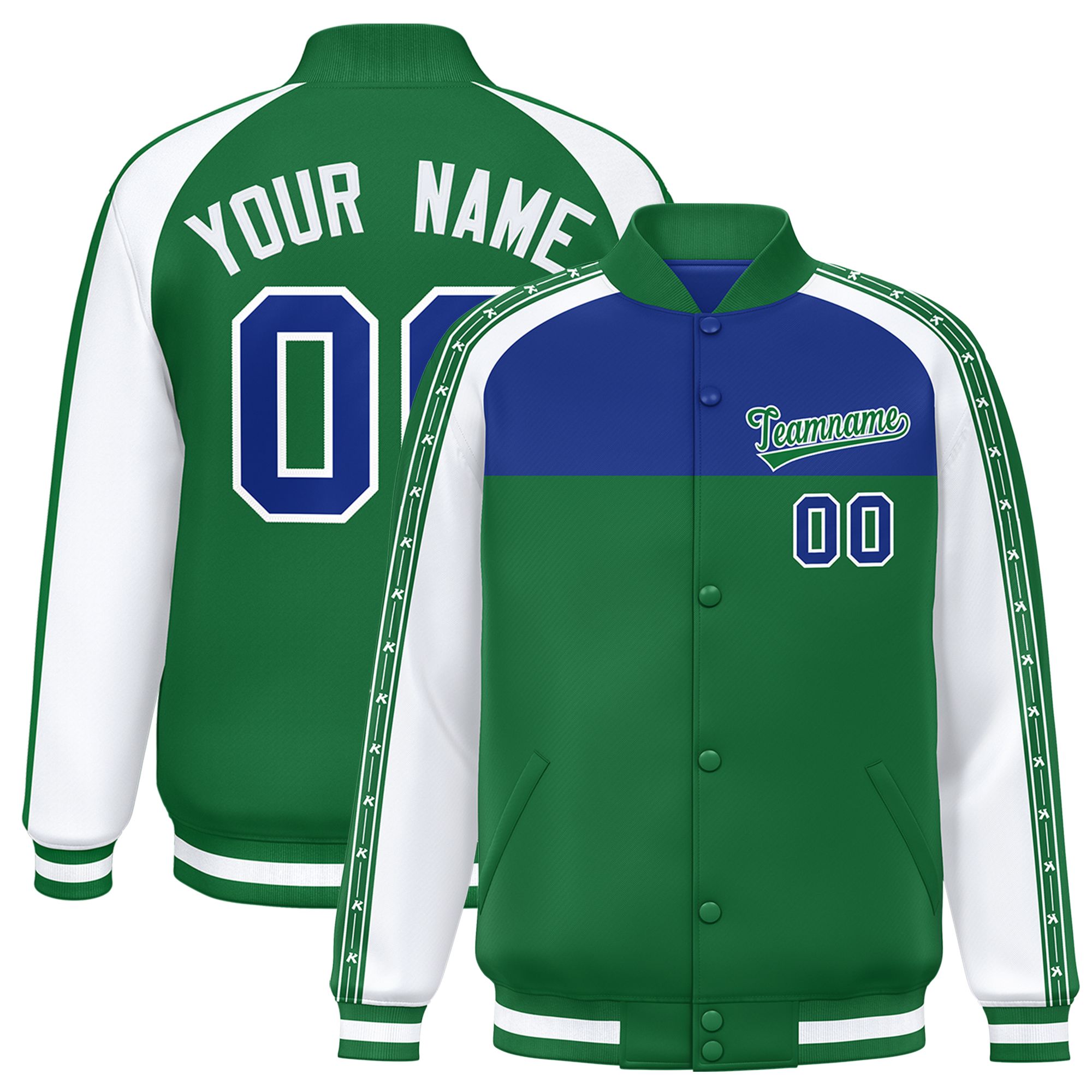 Custom Royal Teal K-Ribbon Raglan Sleeves Varsity Full-Snap Color Block Letterman Jacket