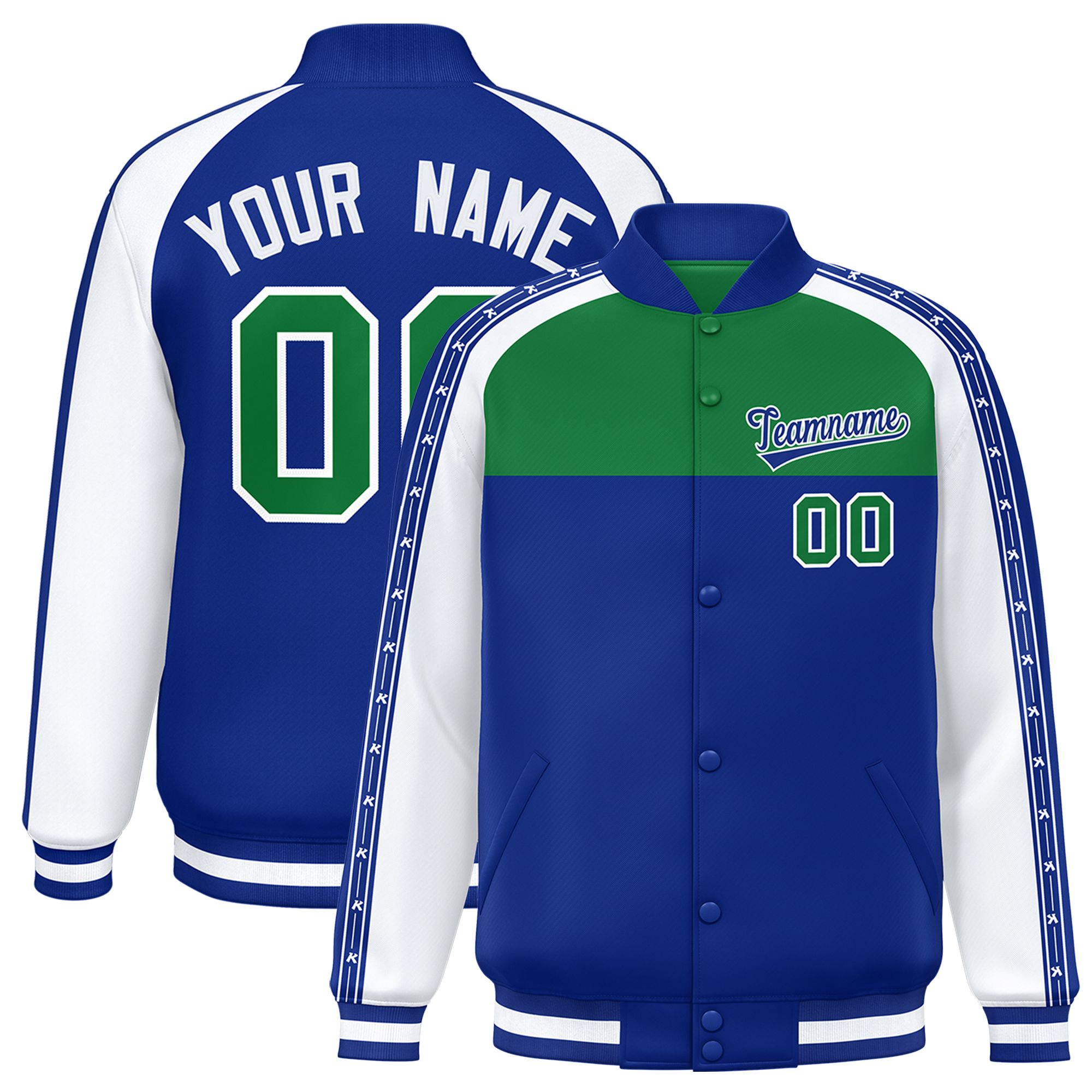 Custom Teal Royal K-Ribbon Raglan Sleeves Varsity Full-Snap Color Block Letterman Jacket