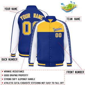 Custom Gold Royal K-Ribbon Raglan Sleeves Varsity Full-Snap Color Block Letterman Jacket