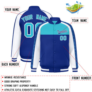 Custom Sky Blue Royal K-Ribbon Raglan Sleeves Varsity Full-Snap Color Block Letterman Jacket