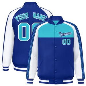 Custom Sky Blue Royal K-Ribbon Raglan Sleeves Varsity Full-Snap Color Block Letterman Jacket