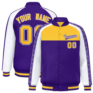 Custom Gold Purple K-Ribbon Raglan Sleeves Varsity Full-Snap Color Block Letterman Jacket