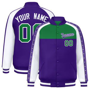 Custom Teal Purple K-Ribbon Raglan Sleeves Varsity Full-Snap Color Block Letterman Jacket