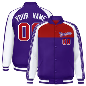 Custom Red Purple K-Ribbon Raglan Sleeves Varsity Full-Snap Color Block Letterman Jacket