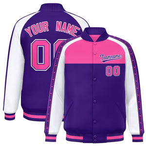 Custom Pink Purple K-Ribbon Raglan Sleeves Varsity Full-Snap Color Block Letterman Jacket