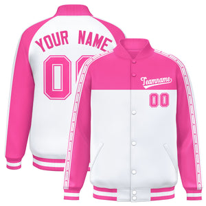 Custom Pink White K-Ribbon Raglan Sleeves Varsity Full-Snap Color Block Letterman Jacket