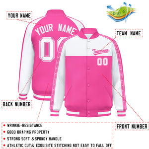 Custom White Pink K-Ribbon Raglan Sleeves Varsity Full-Snap Color Block Letterman Jacket