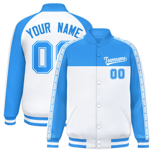 Custom Powder Blue White K-Ribbon Raglan Sleeves Varsity Full-Snap Color Block Letterman Jacket